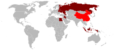 Airplane Picture - Current operators of the Tu-16/H-6 in bright red, former operators in dark red