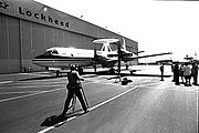 Lockheed debuts AWACS plane, a converted P-3 Orion, Los Angeles, 1984; later used by U.S. Department of Homeland Security