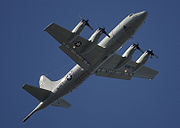 Underside view of a P-3C showing the MAD (rear boom) and external sonobuoy launch tubes (grid of black spots towards the rear)