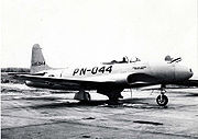 F-80A test aircraft (s/n 44-85044) with twin 0.5 in (12.7 mm) machine guns in oblique mount, similar to World War II German Schräge Musik, to study the ability to attack Soviet bombers from below