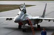 Airplane Picture - MiG-29 fighter parked on the ramp after a demonstration flight at the Abbotsford Air Show, 1989.