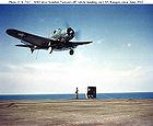 Airplane Pictures - SBD Dauntless goes around for another landing attempt, after being waved off by the Landing Signal Officer on USS Ranger CV-4, circa June 1942