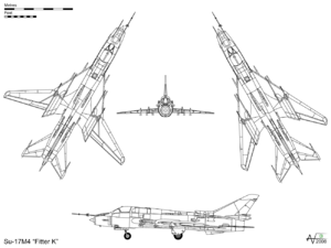 Airplane picture - Orthographic projection of the Su-17M4 "Fitter K", with plan view of wings swept and spread