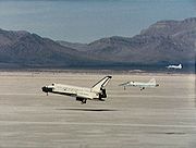 Airplane picture - Two T-38 Talon chase planes follow Space Shuttle Columbia as it lands at Northrop Strip in White Sands, New Mexico, ending its mission STS-3.