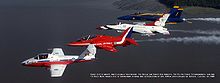 Airplane Picture - Formation composed of aircraft from the Snowbirds (CT-114), Red Arrows (Hawk), Thunderbirds (F-16) and Blue Angels (F/A-18).