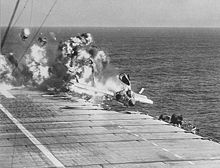 Airplane Picture - Ramp strike of a VF-124 F7U-3 on the USS Hancock on 14 July 1955 resulting in the deaths of the pilot, two boatswain's mates and a photographers mate. [3]