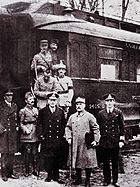 In the forest of Compigne after reaching an agreement for the armistice that ended World War I, Foch is seen second from the right. The carriage seen in the background, where the armistice was signed, later was chosen as the symbolic setting of Ptain's June 1940 armistice. It was moved to Berlin as a prize, but due to Allied bombing it was eventually moved to Crawinkel, Thuringia, where it was deliberately destroyed by SS troops in 1945.