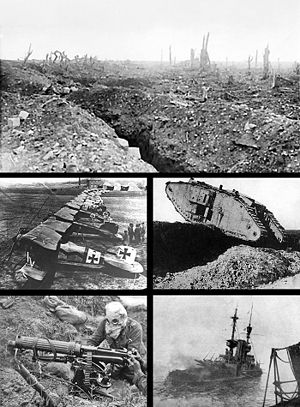 Clockwise from top: Trenches on the Western Front; a British Mark IV tank crossing a trench; Royal Navy battleship HMS Irresistible sinking after striking a mine at the Battle of the Dardanelles; a Vickers machine gun crew with gas masks, and German Albatros D.III biplanes